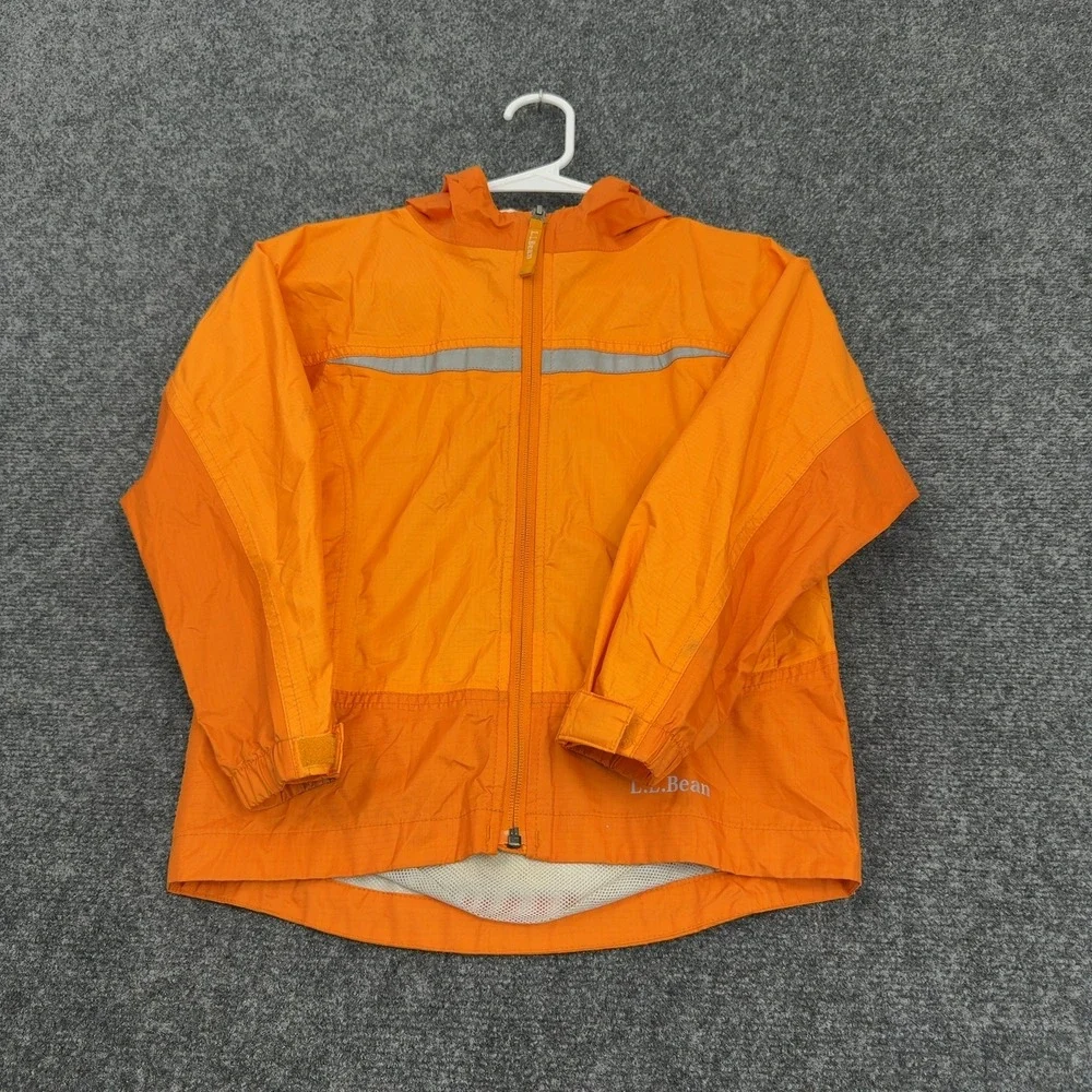 LL Bean Windbreaker Jacket Kids M 5/6 Orange Nylon Reflective Hooded Gorpcore
